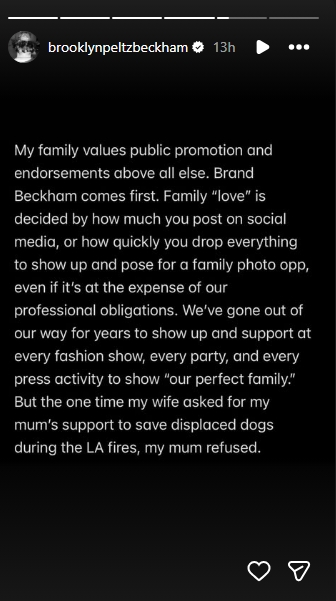 He accused his family of prioritising their brand and public image over real relationships, claiming even simple requests for support were turned down. | Source: Instagram/brooklynpeltzbeckham