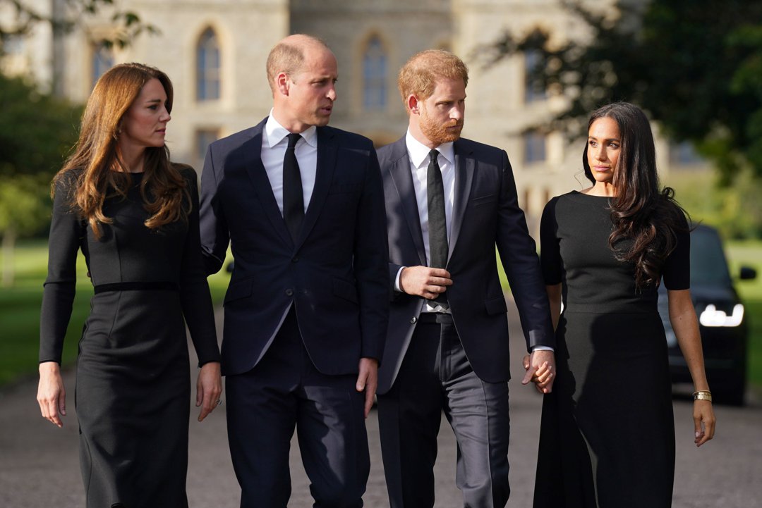 Catherine, Princess of Wales, Prince William, Prince of Wales, Prince Harry, Duke of Sussex, and Meghan, Duchess of Sussex on the long Walk at Windsor Castle on 10 September 2022 in Windsor, England. | Source: Getty Images