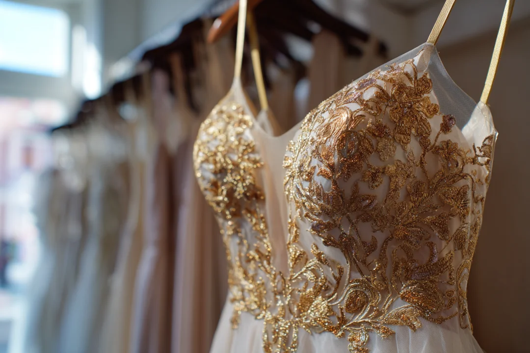 A gold embroidered designer dress in a boutique | Source: Midjourney