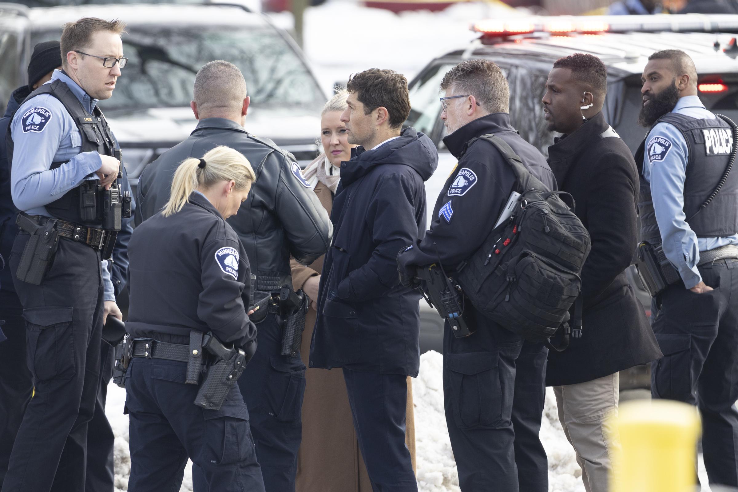 Mayor Jacob Frey and other city officials speak at the scene of the ICE-involved shooting in Minneapolis on January 7, 2026 | Source: Getty Images