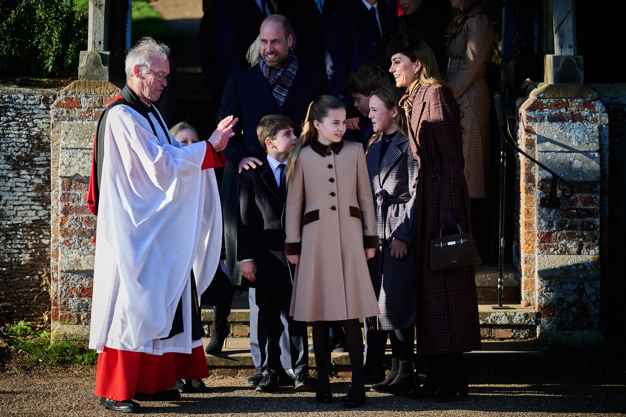 (L-R) Prince William, Prince Louis, Princess Charlotte, Prince George, Mia Tindall and Catherine, Princess of Wales, attend the Christmas Morning Service at Sandringham Church on 25 December 2025 in Sandringham, Norfolk. | Source: Getty Images