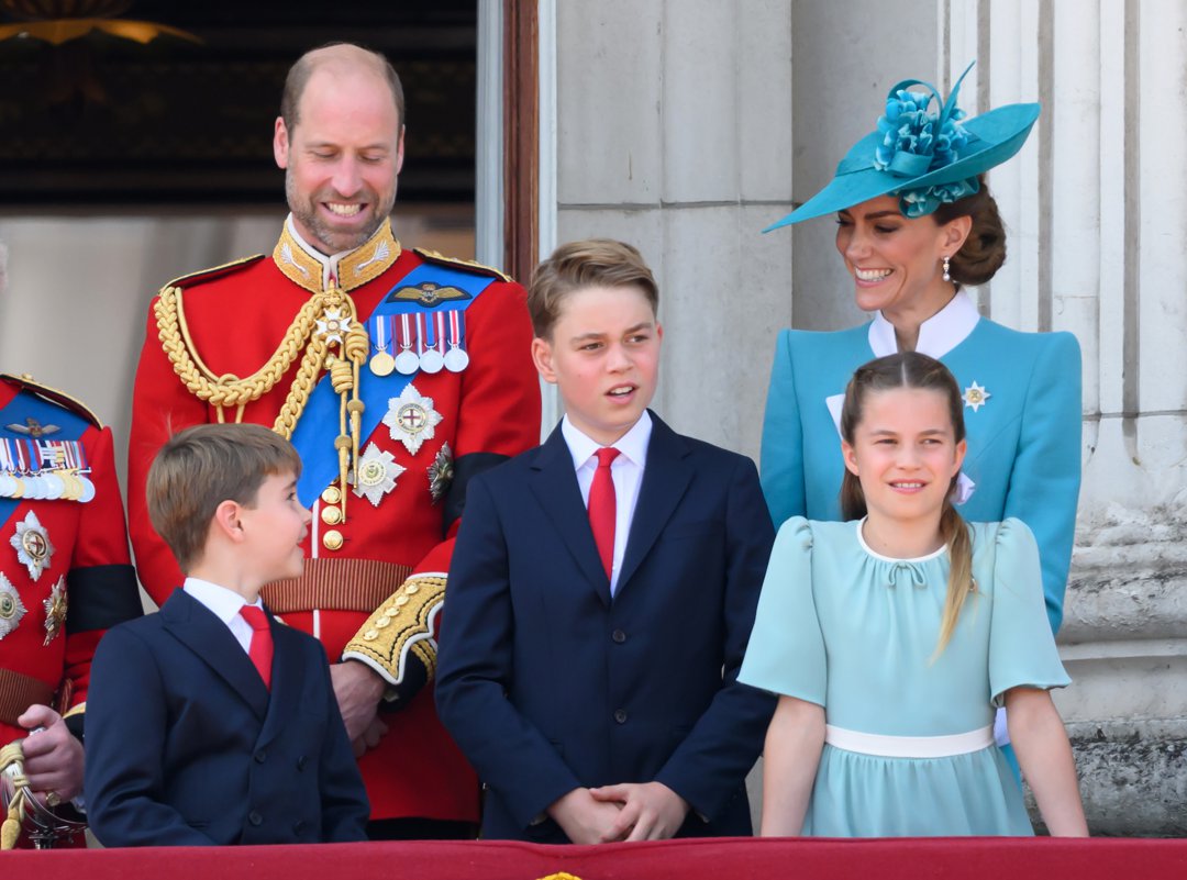 Prince Louis, Prince William, Prince George, Princess Catherine, and Princess Charlotte on the balcony of Buckingham Palace during Trooping The Colour 2025 on 14 June in London, England. | Source: Getty Images