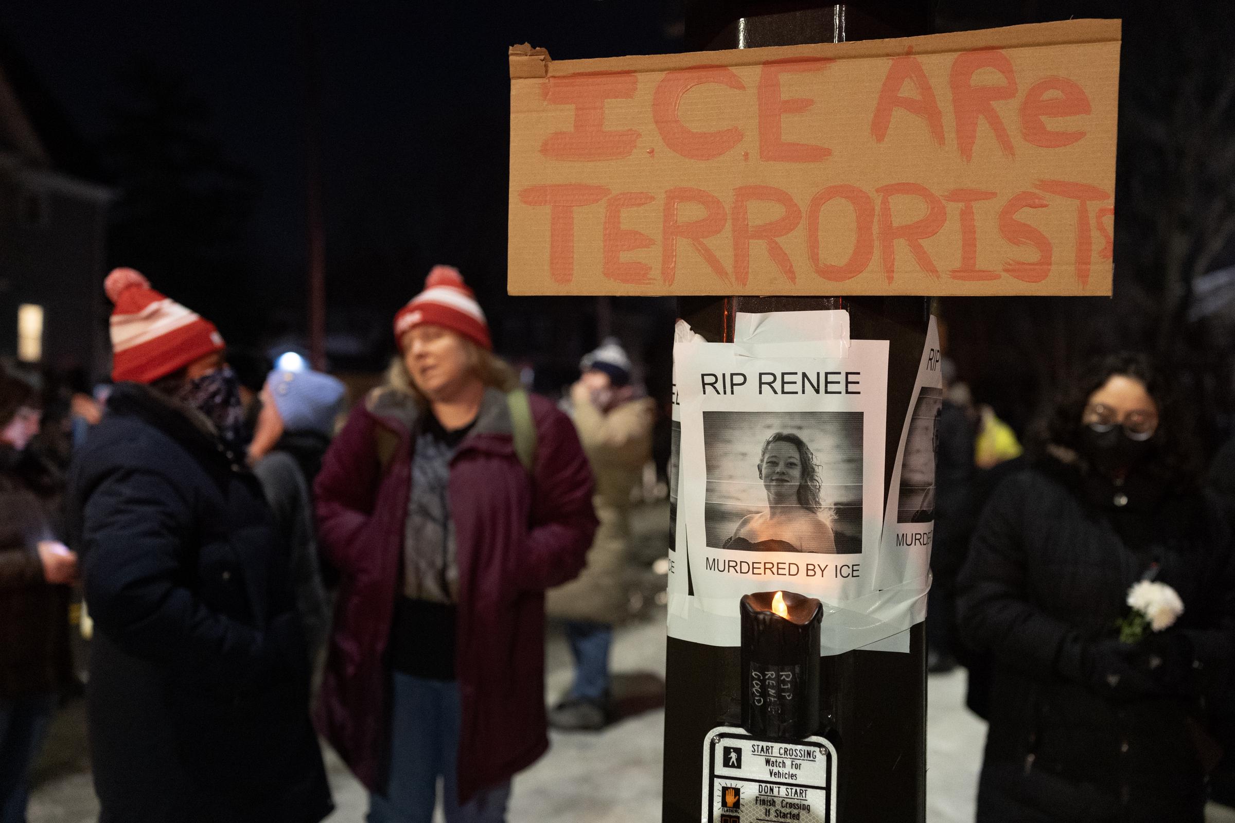 A memorial for Renee Nicole Good appears at the site of the ICE-involved shooting in Minneapolis on January 7, 2026 | Source: Getty Images
