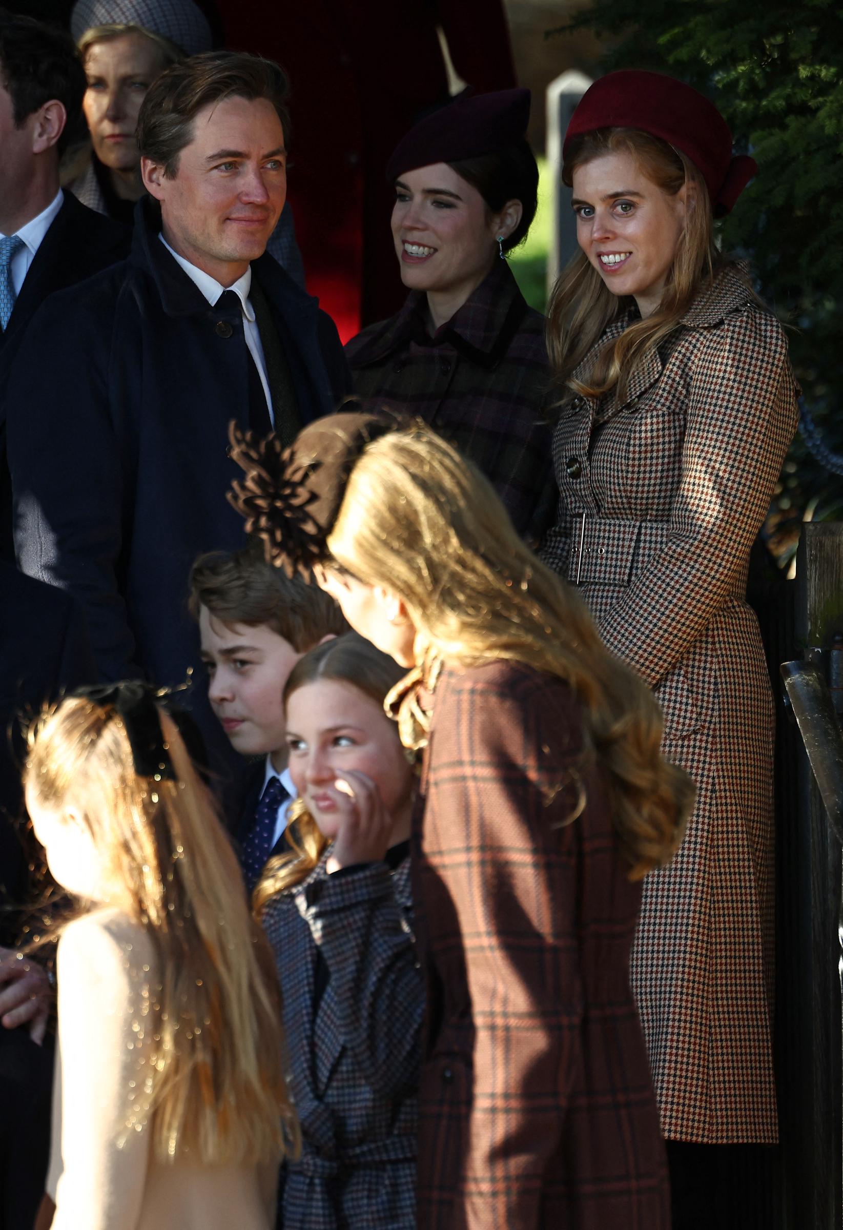 Edoardo Mapelli Mozzi (L), Princess Eugenie of York (C) and Princess Beatrice of York leave after attending the Royal Family's traditional Christmas Day service at St Mary Magdalene Church on the Sandringham Estate in eastern England, on 25 December 2025. | Source: Getty Images