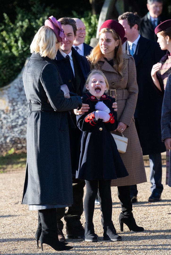 Zara Tindall, Edoardo Mapelli Mozzi, Lena Tindall and Princess Beatrice attend the Christmas Morning Service at Sandringham Church on 25 December 2025 in Sandringham, Norfolk. | Source: Getty Images