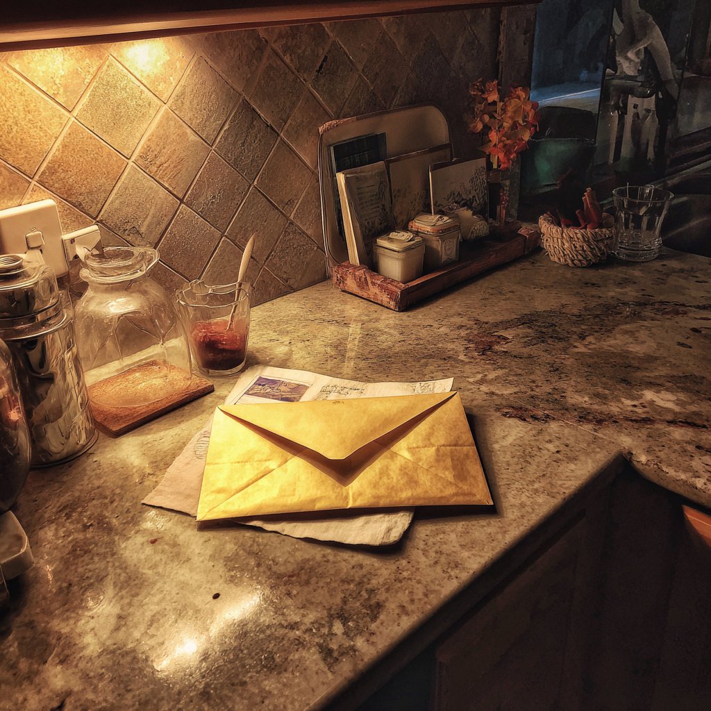 An envelope on a kitchen counter | Source: Midjourney