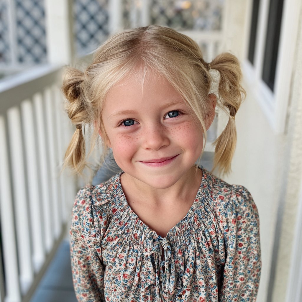 A smiling little girl standing on a porch | Source: Midjourney