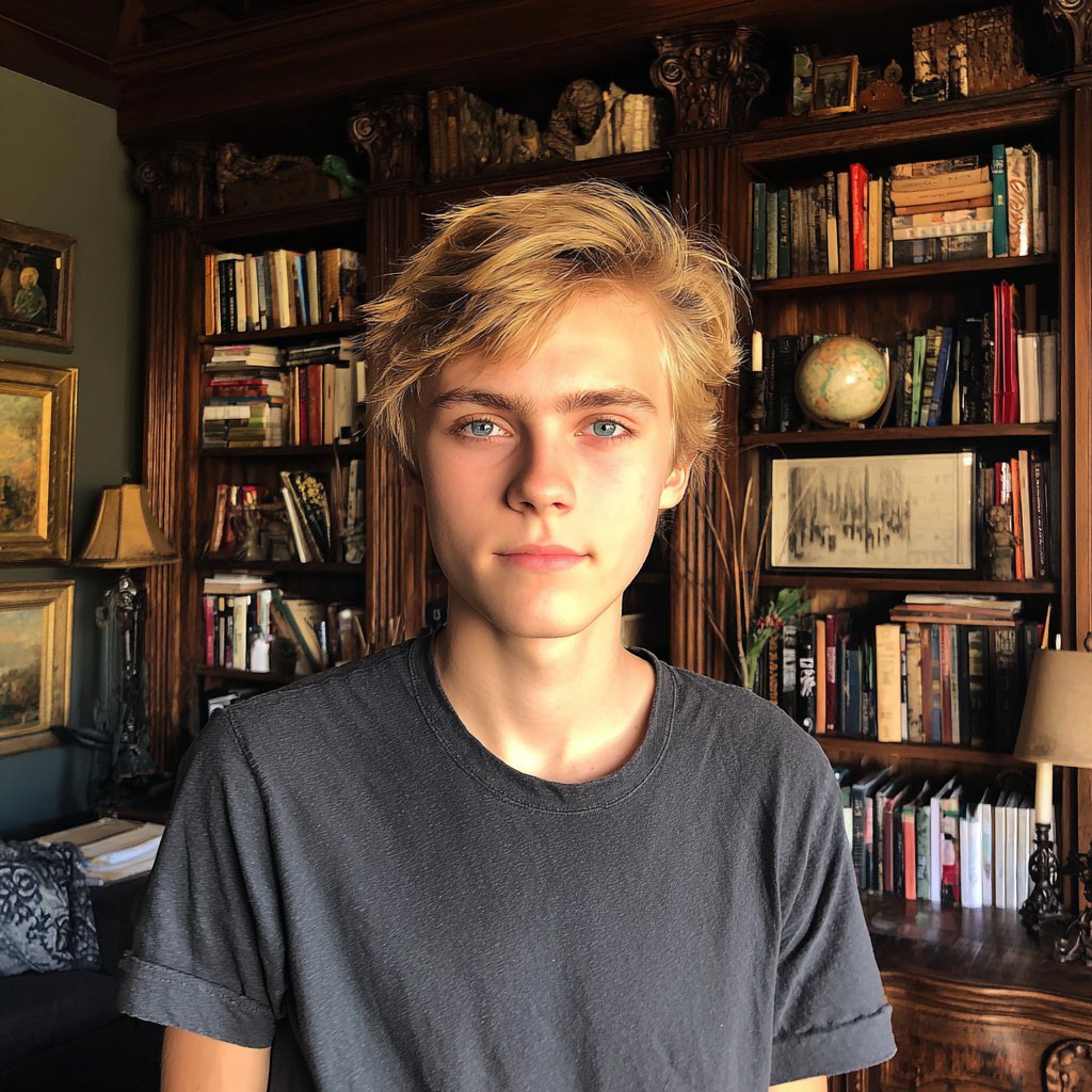 A teenage boy standing in a home study | Source: Midjourney
