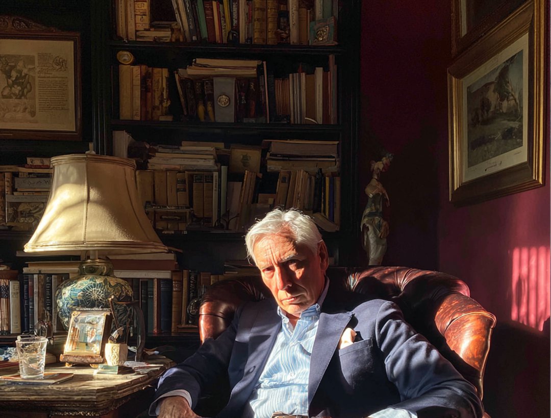 An upset old man wearing a navy suit | Source: Midjourney