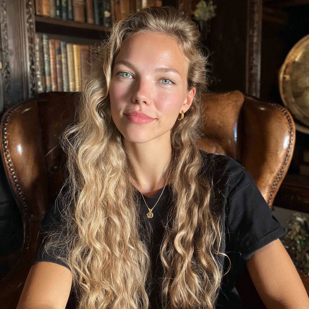 A smiling woman with long blonde hair | Source: Midjourney