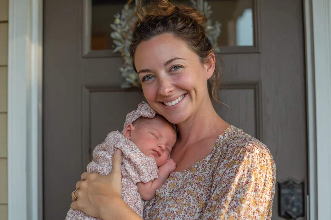A smiling woman holding her newborn baby girl | Source: Midjourney