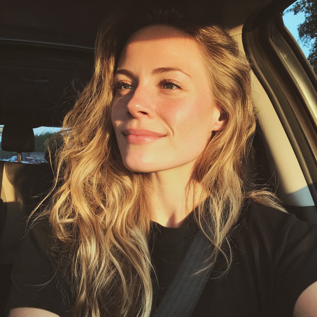 A smiling woman driving a car | Source: Midjourney