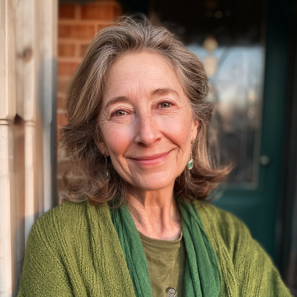 A smiling woman standing on a porch | Source: Midjourney