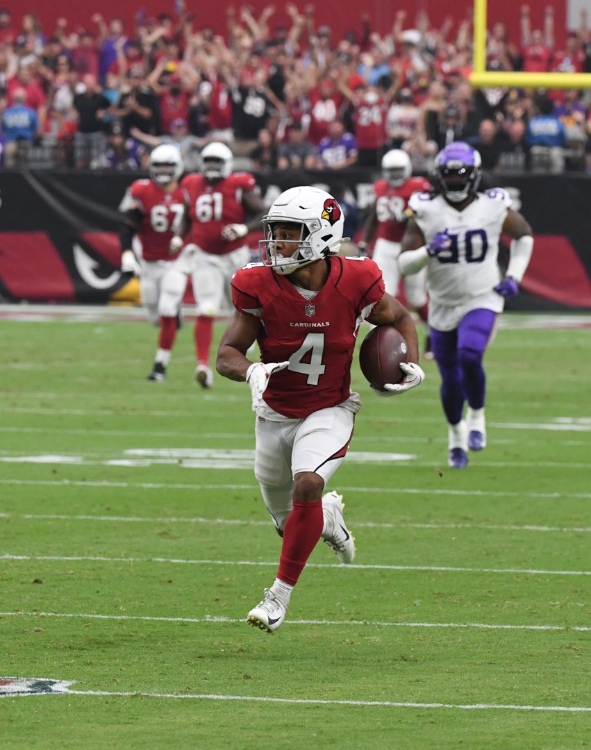 Rondale Moore of the Arizona Cardinals scores a receiving touchdown against the Minnesota Vikings at State Farm Stadium on September 19, 2021, in Glendale, Arizona | Source: Getty Images