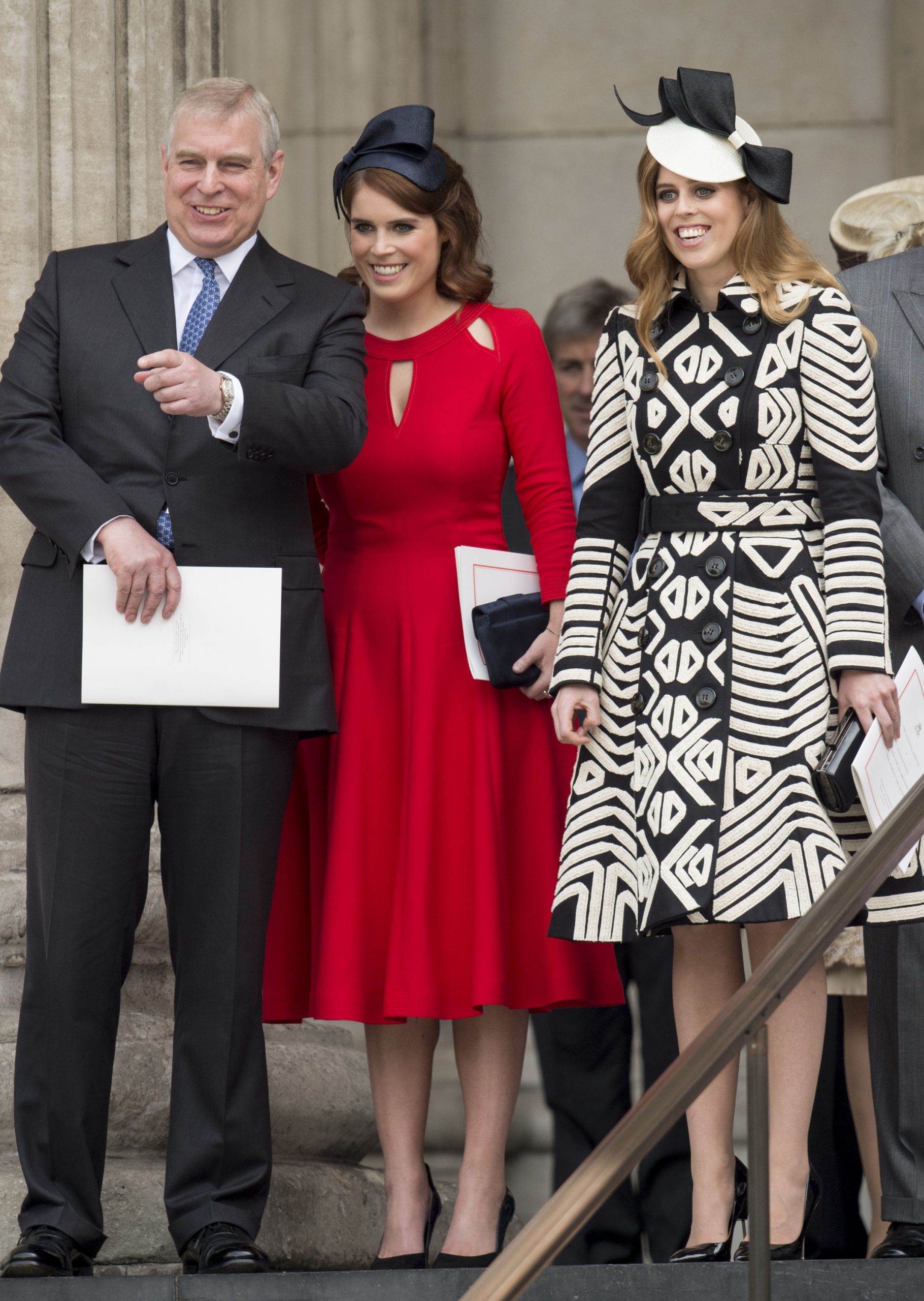 Andrew Mountbatten Windsor with Princess Beatrice and Princess Eugenie at a National Service of Thanksgiving as part of the 90th birthday celebrations for The Queen at St Paul's Cathedral on June 10, 2016, in London, England. | Source: Getty Images