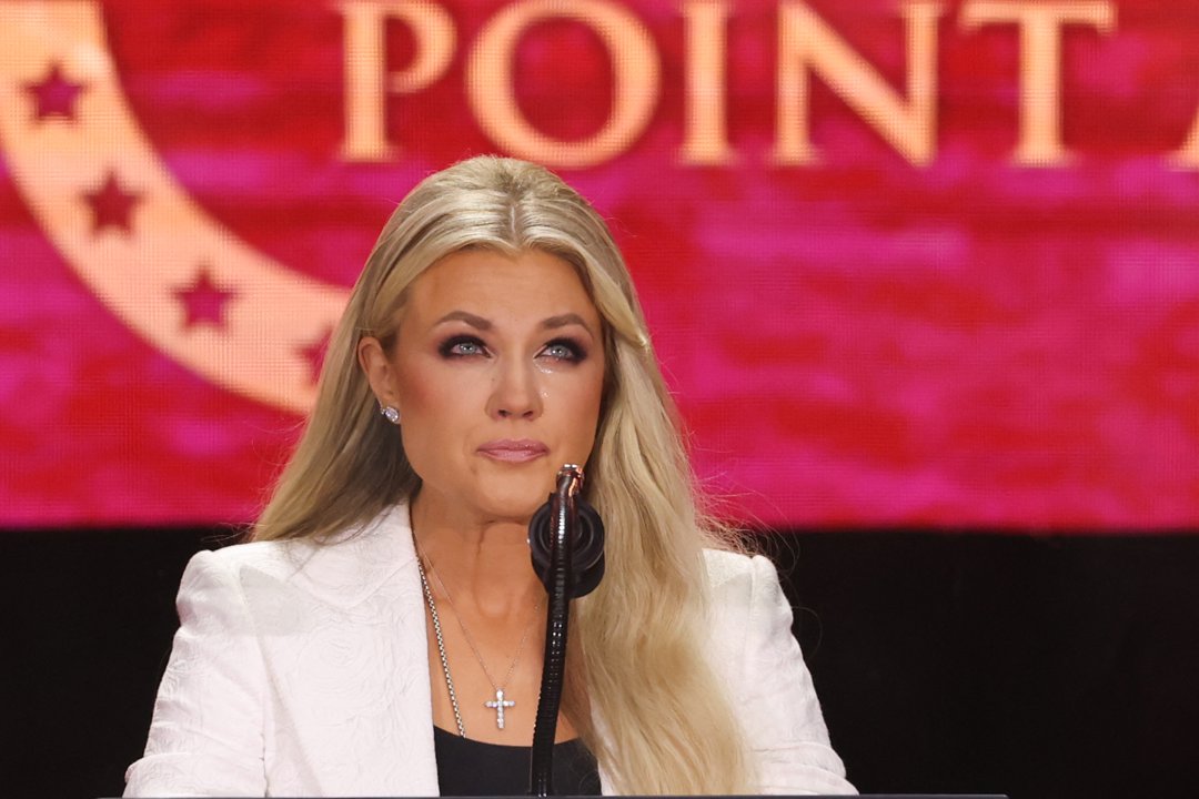 Erika Kirk speaks during the memorial service for her husband, political activist Charlie Kirk at State Farm Stadium on September 21, 2025, in Glendale, Arizona. | Source: Getty Images