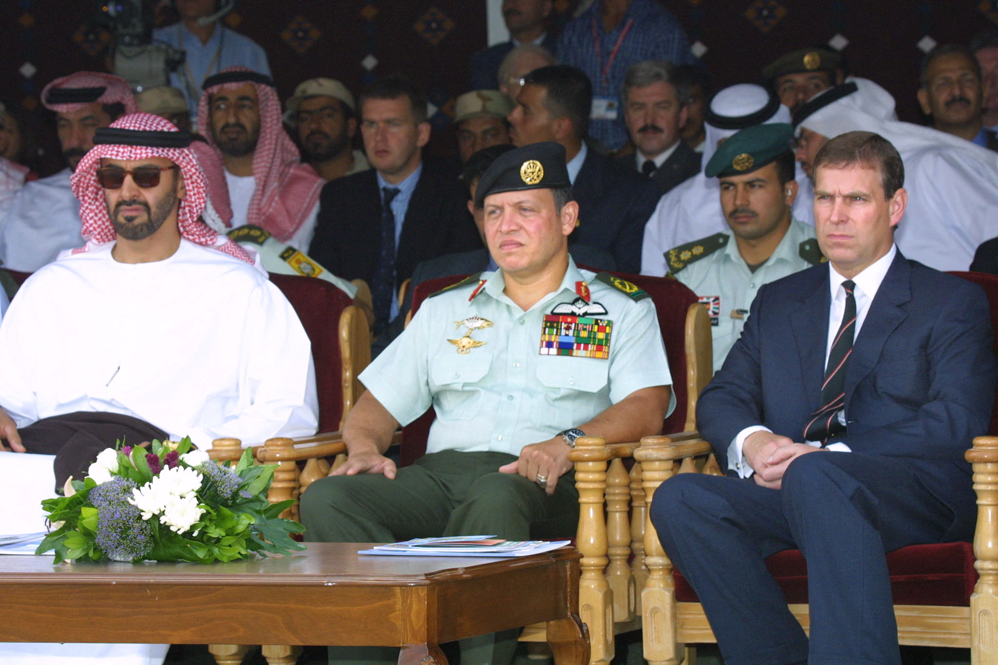 Mohammed bin Zayed Al Nahyan, King Abdullah II, and Andrew Mountbatten-Windsor during the opening of the fourth biennial SOFEX fair on October 14, 2002, in Marka, Jordan. | Source: Getty Images