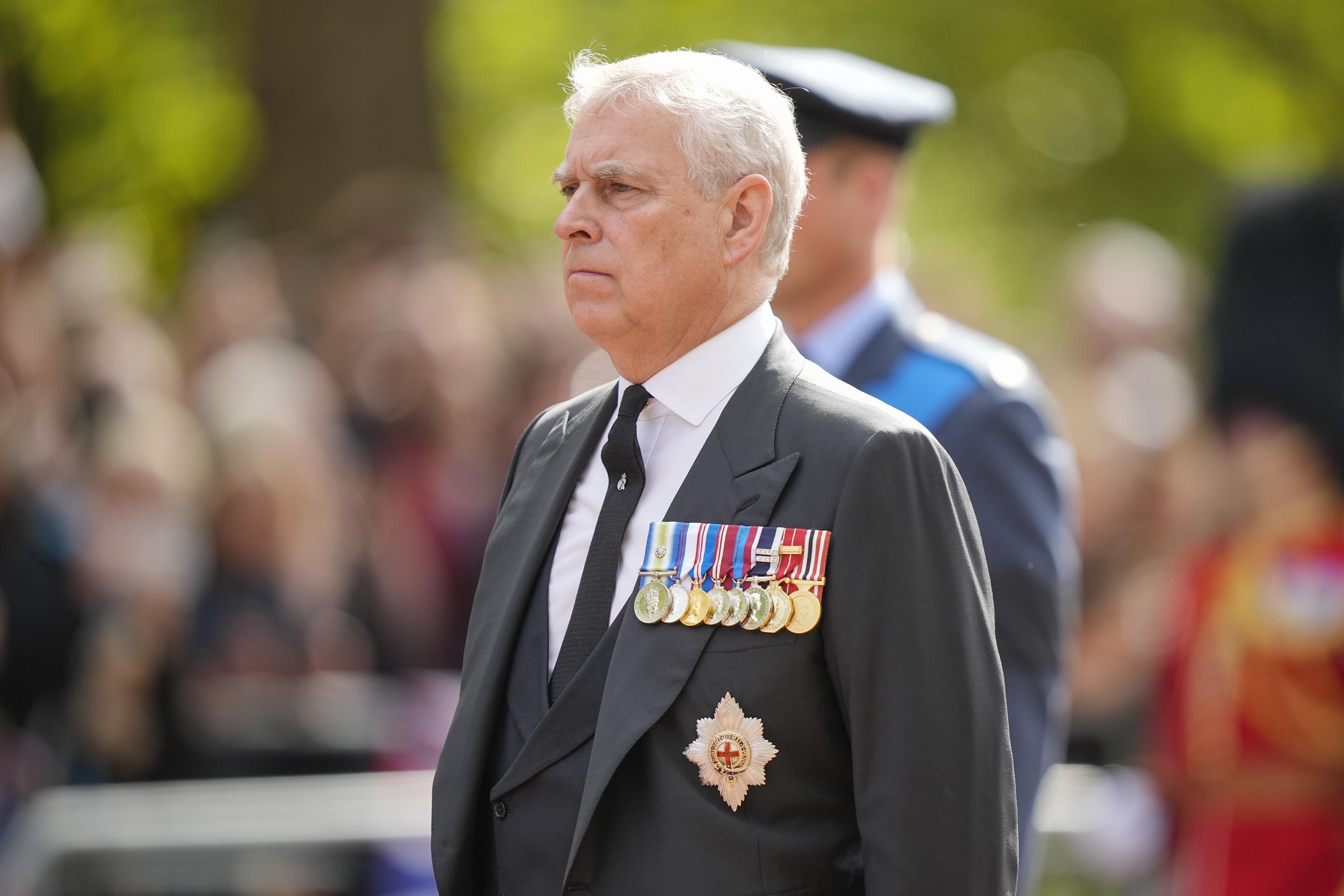 Andrew Mountbatten-Windsor during the ceremonial procession of the coffin of Queen Elizabeth II from Buckingham Palace to Westminster Hall on September 14, 2022, in London, England. | Source: Getty Images