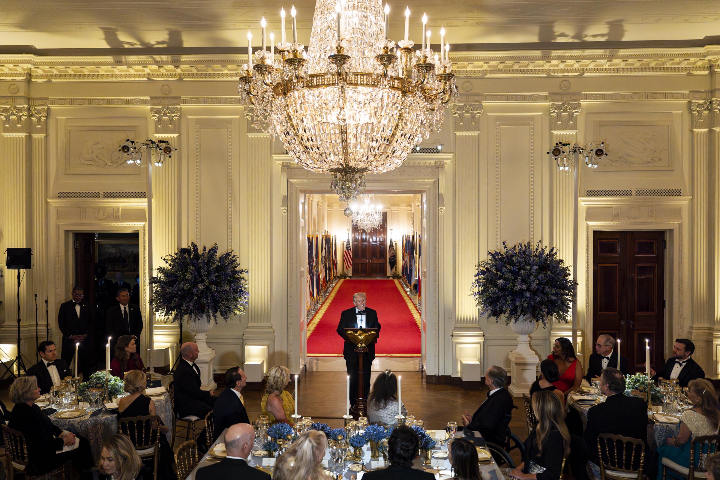 Donald Trump speaks during the National Governors Association Evening Dinner and Reception in the East Room of the White House on February 21, 2026, in Washington, DC | Source: Getty Images