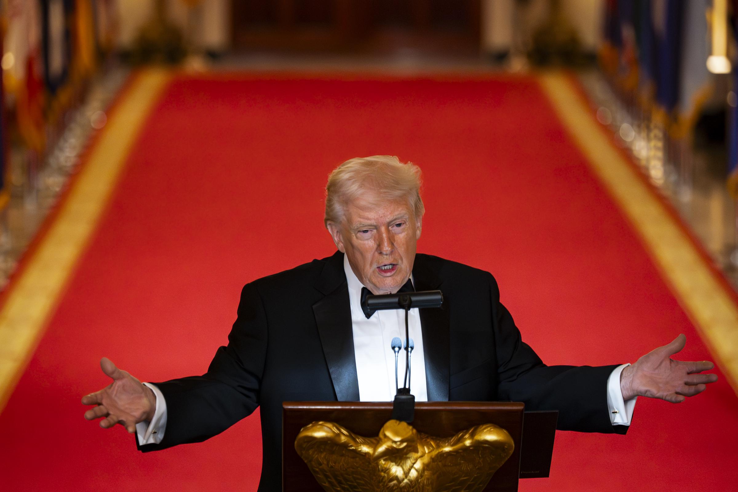Donald Trump speaks during the National Governors Association Evening Dinner and Reception in the East Room of the White House on February 21, 2026, in Washington, DC | Source: Getty Images