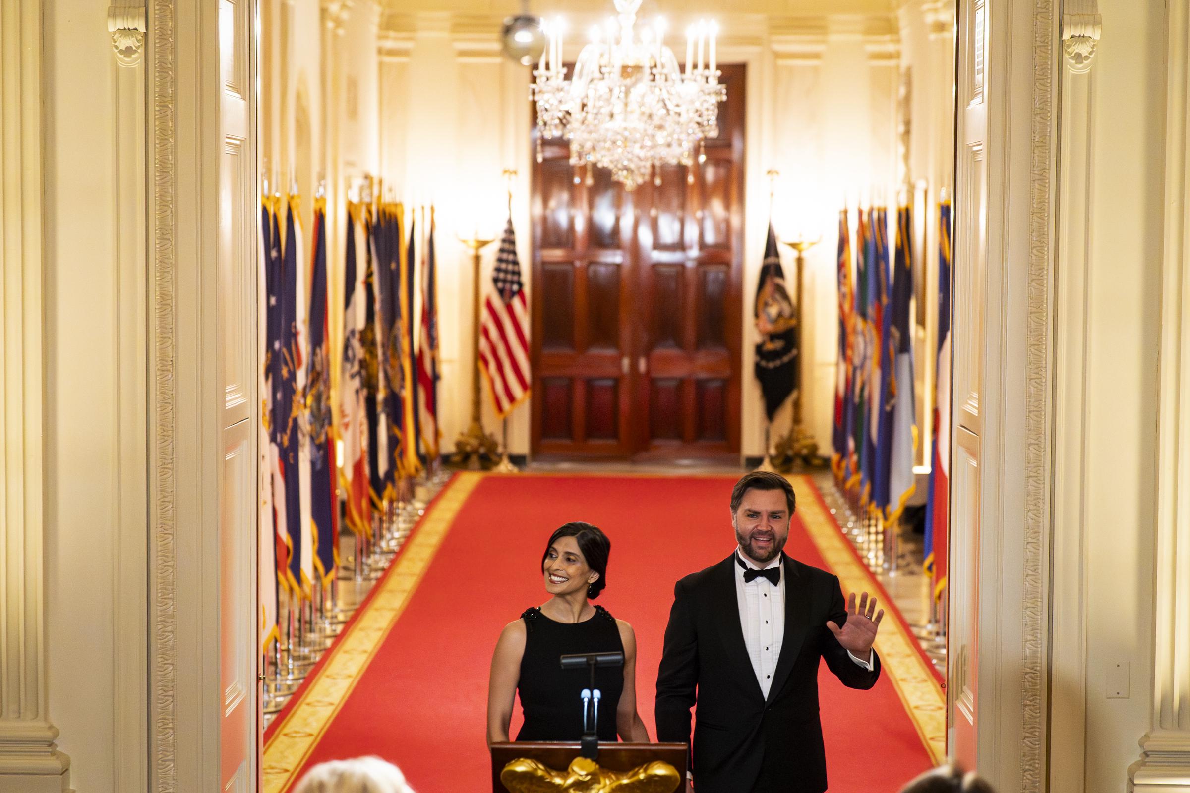 JD Vance and Usha Vance arrive during the National Governors Association Evening Dinner and Reception in the East Room of the White House on February 21, 2026, in Washington, DC | Source: Getty Images