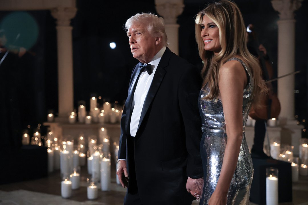 Donald Trump and Melania Trump arrive for a New Year&rsquo;s Eve event at Mar-a-Lago on December 31, 2025, in Palm Beach, Florida | Source: Getty Images
