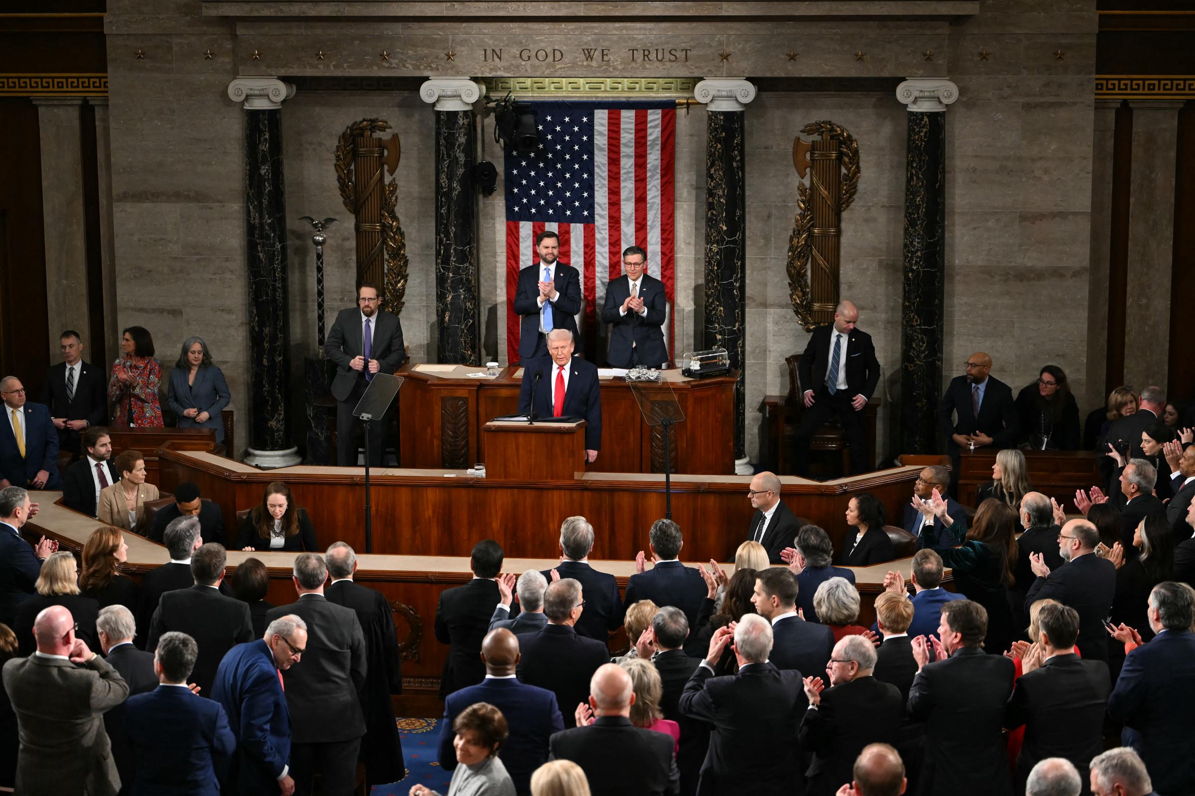 President Donald Trump concludes his remarks during the State of the Union address in Washington, DC, on February 24, 2026.  | Source: Getty Images