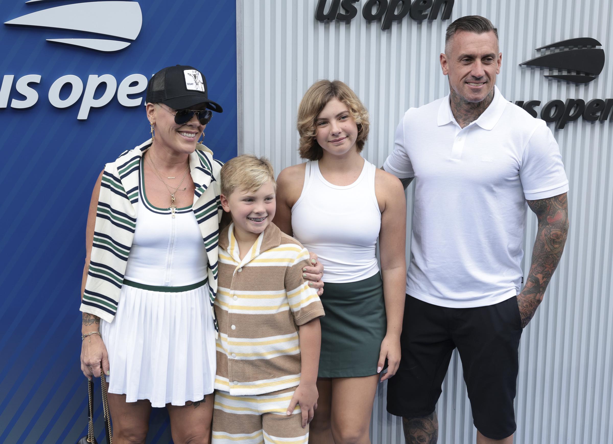 Pink and Carey Hart with their children, Willow Hart and Jameson Hart, at the Men's Final during Day 15 of the 2025 US Open Tennis Championships on September 7 in New York, United States. | Source: Getty Images