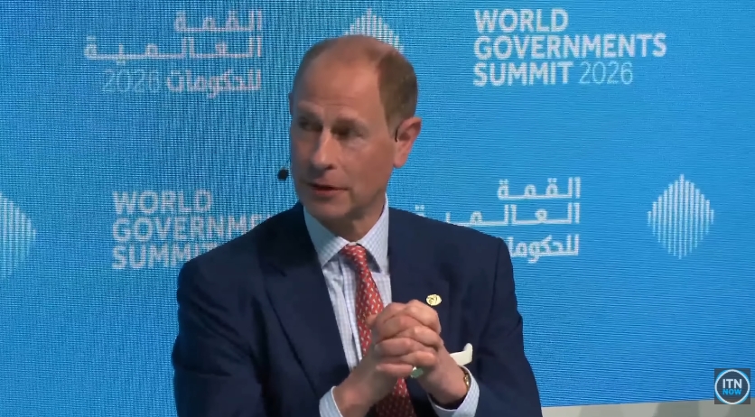 Prince Edward turns to face fellow panellists during a session at the World Governments Summit in Dubai. | Source: YouTube/ITN Now