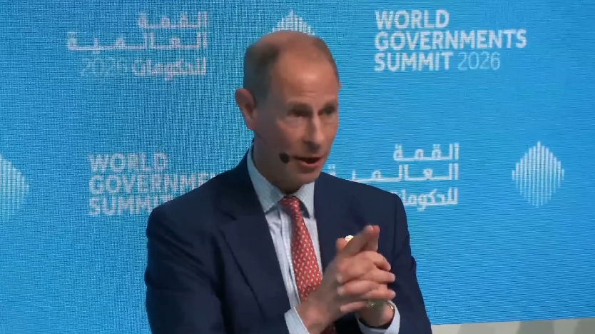 Prince Edward clasps his hands as he speaks during a panel session at the World Governments Summit in Dubai. | Source: YouTube/ITN Now
