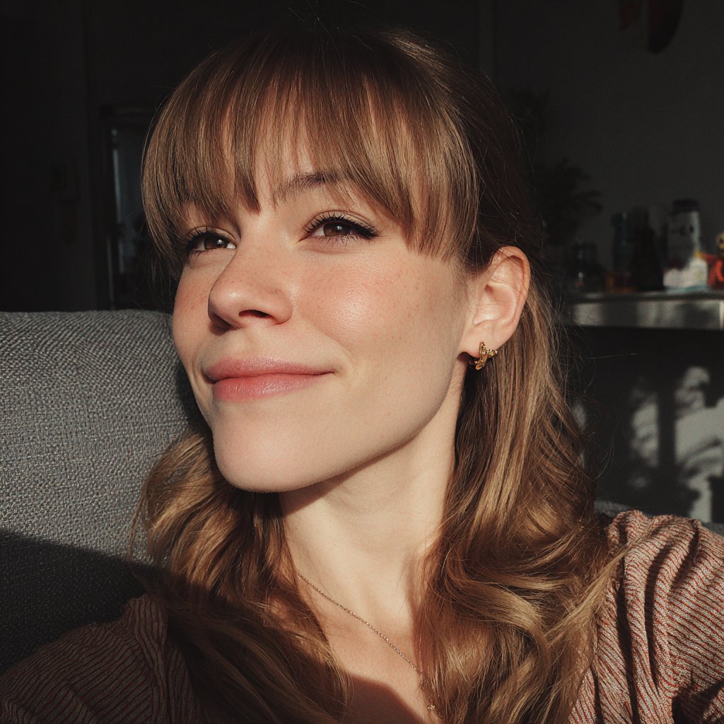 A smiling woman sitting on a couch | Source: Midjourney