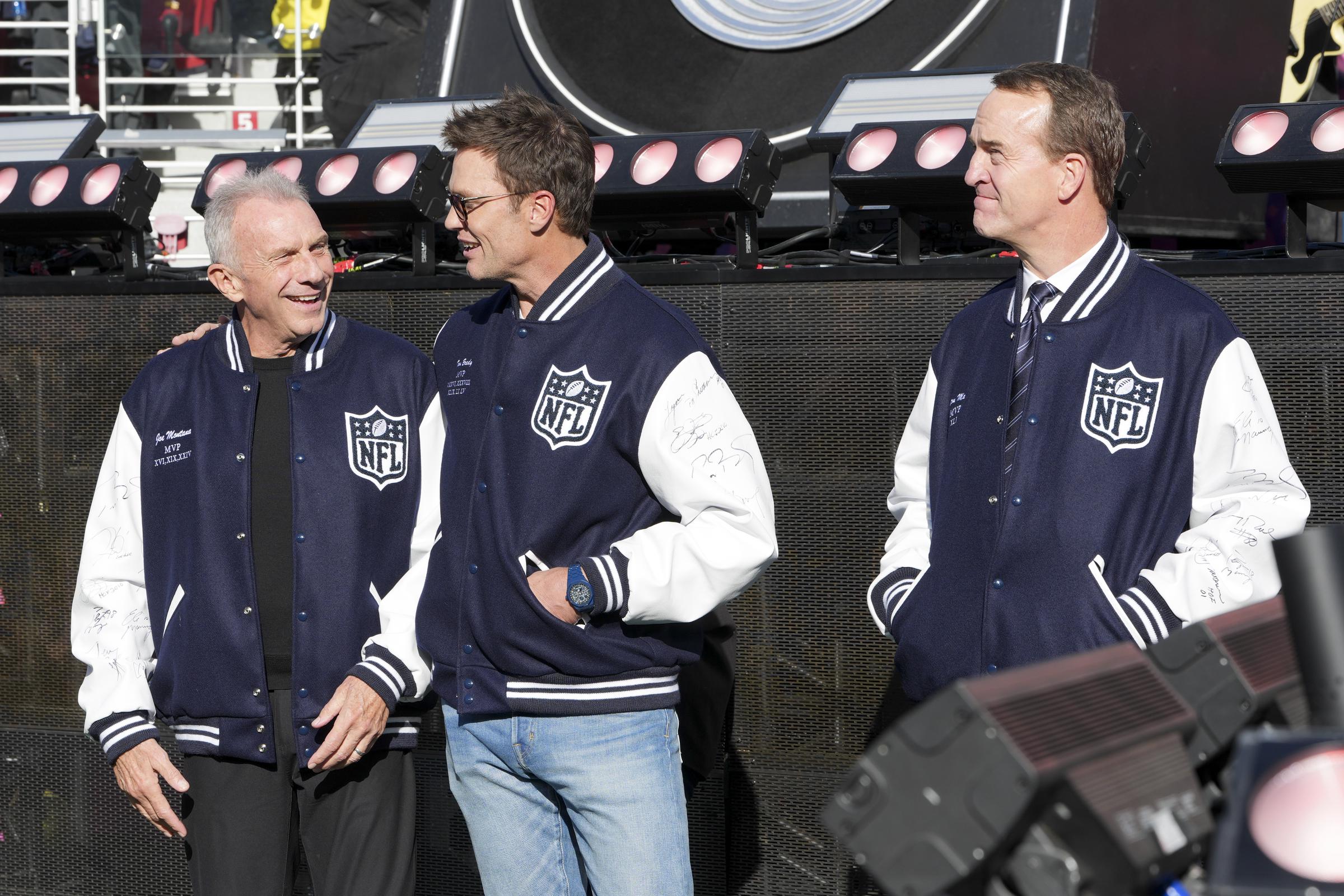 Joe Montana, Tom Brady and Peyton Manning prior to Super Bowl LX at Levi's Stadium on February 8, 2026, in Santa Clara, California | Source: Getty Images