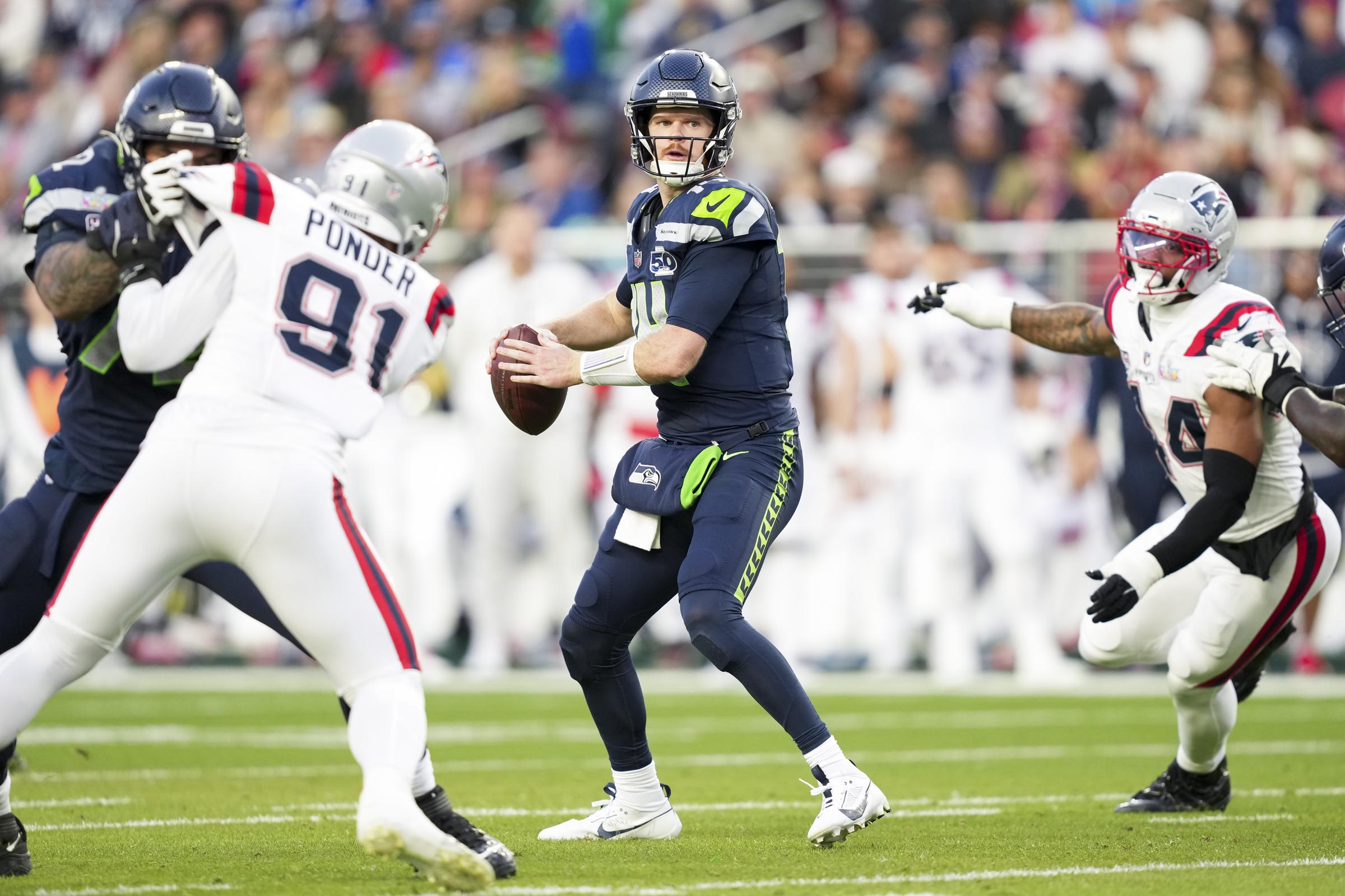 Sam Darnold looks to pass during Super Bowl LX at Levi's Stadium on February 8, 2026, in Santa Clara, California | Source: Getty Images