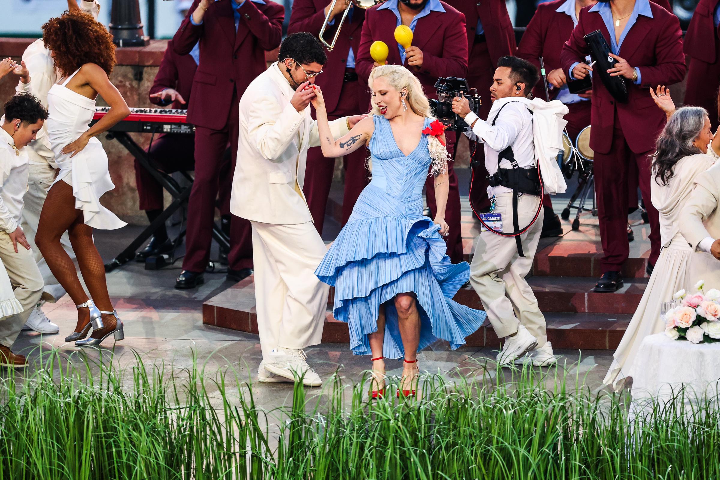 Lady Gaga and Bad Bunny perform during the Apple Music Super Bowl LX Halftime Show at Levi's Stadium on February 8, 2026, in Santa Clara, California | Source: Getty Images