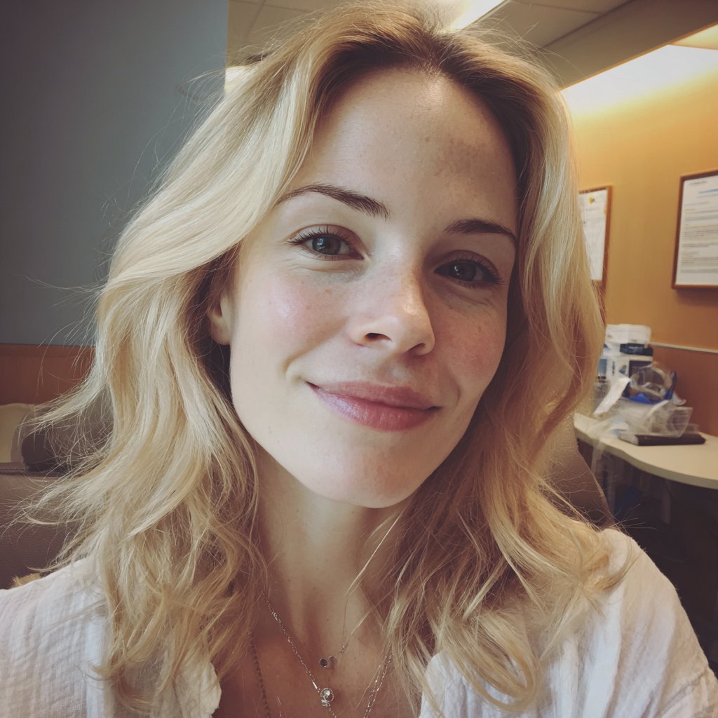 A smiling woman sitting in a waiting room | Source: Midjourney
