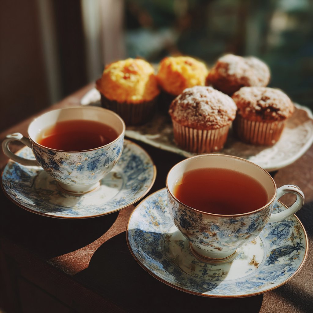 Two cups of tea and a platter of muffins on a table | Source: Midjourney