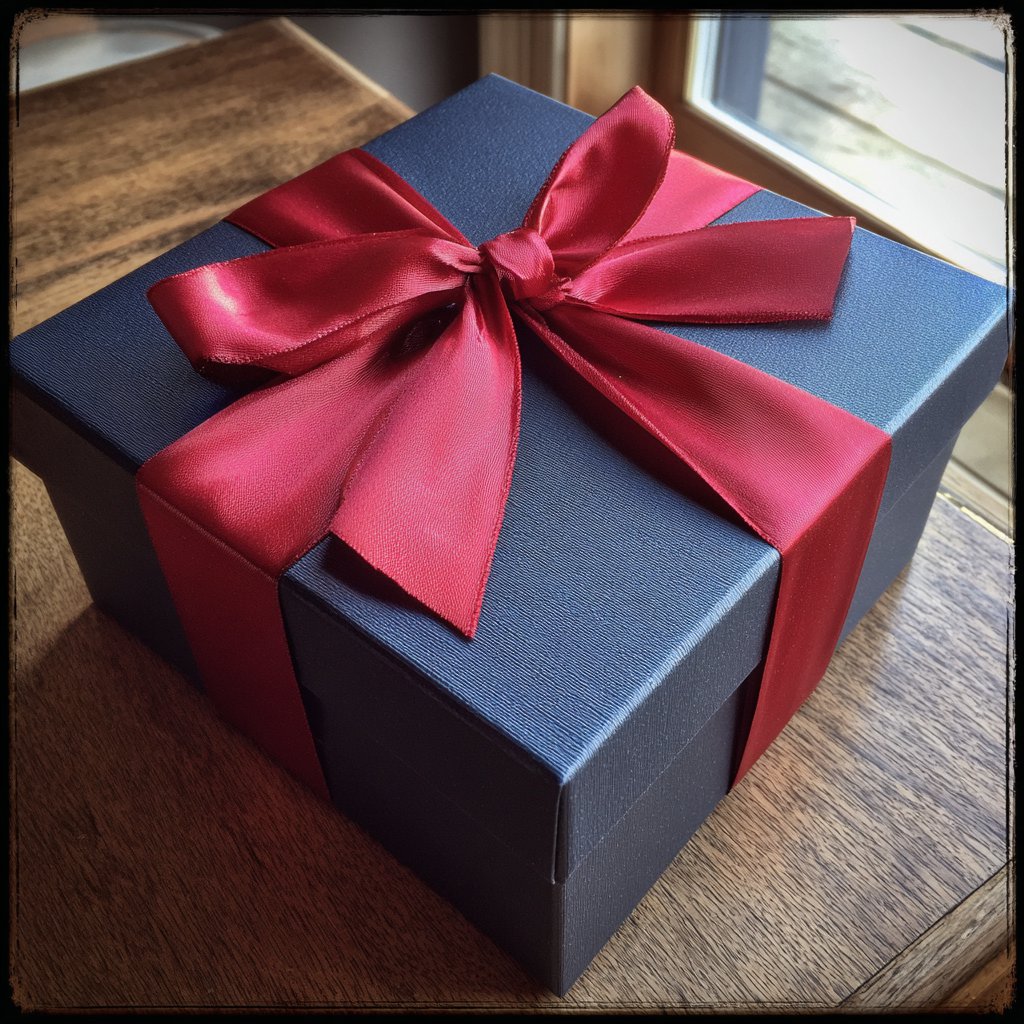 A navy box wrapped with a satin ribbon | Source: Midjourney