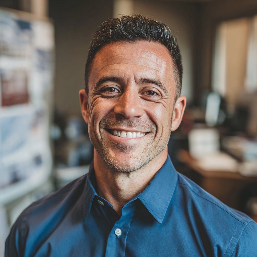 A smiling man wearing a blue formal shirt | Source: Midjourney