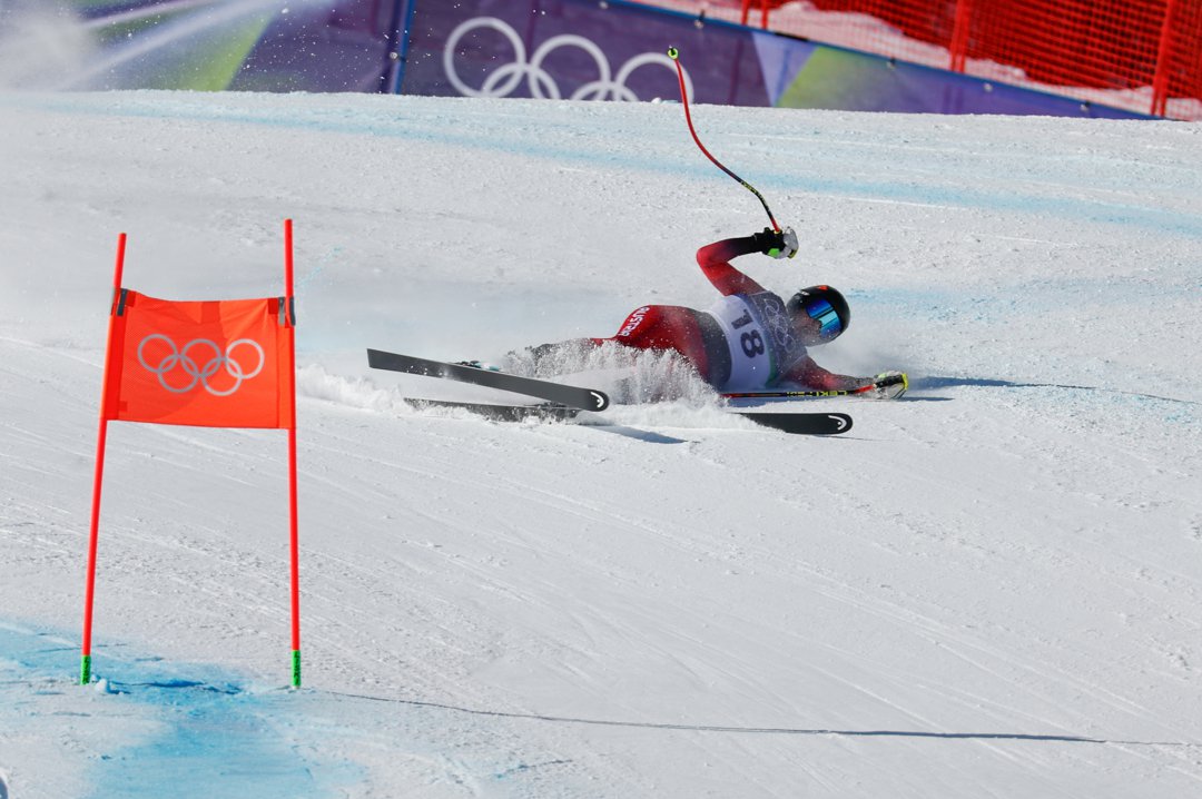 Nina Ortlieb of Team Austria crashes out during the Women's Downhill on day two of the Milano Cortina 2026 Winter Olympics at Tofane Alpine Skiing Centre on February 8 in Italy. | Source: Getty Images