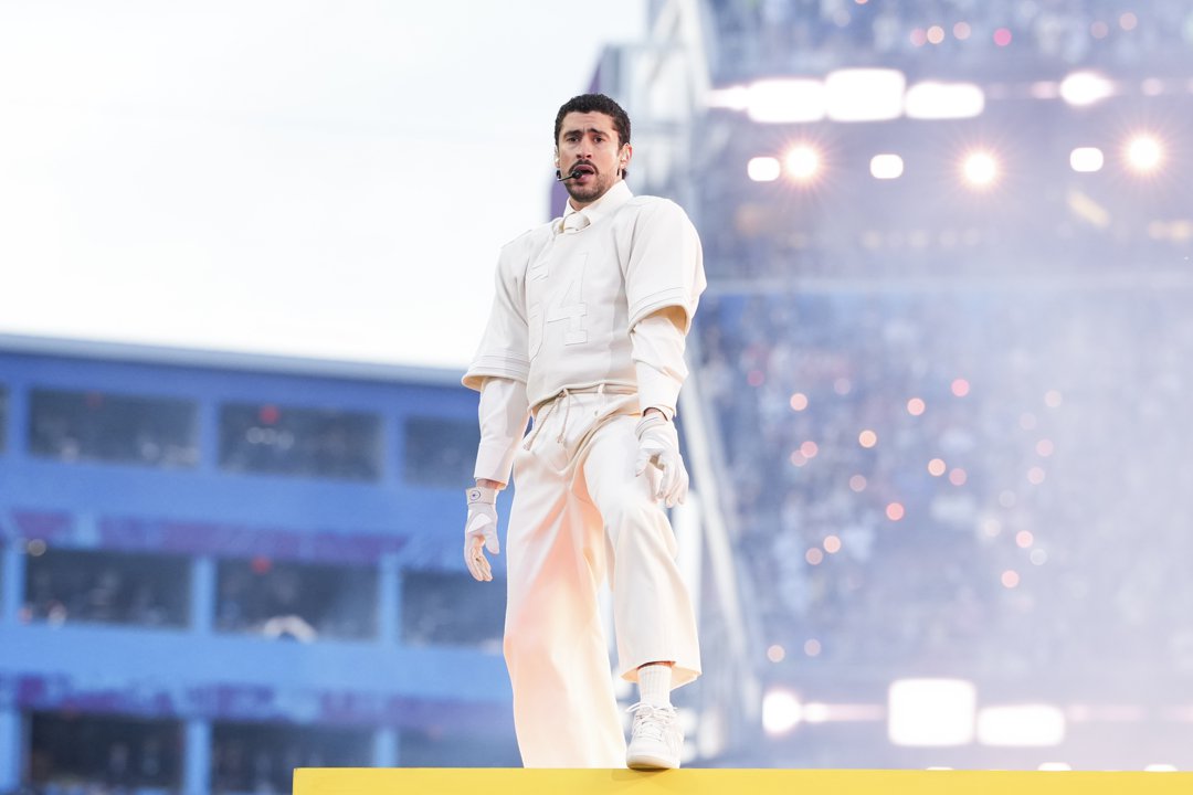 Bad Bunny performs during the Apple Music halftime show at the NFL Super Bowl LX football game between the Seattle Seahawks and New England Patriots at Levi Stadium on February 8, 2026 | Source: Getty Images