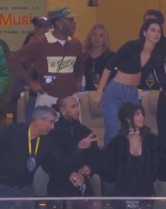 Tyler, the Creator, Kendall Jenner, Lewis Hamilton, and Kim Kardashian spotted at the 2026 Super Bowl. | Source: Instagram/nfl