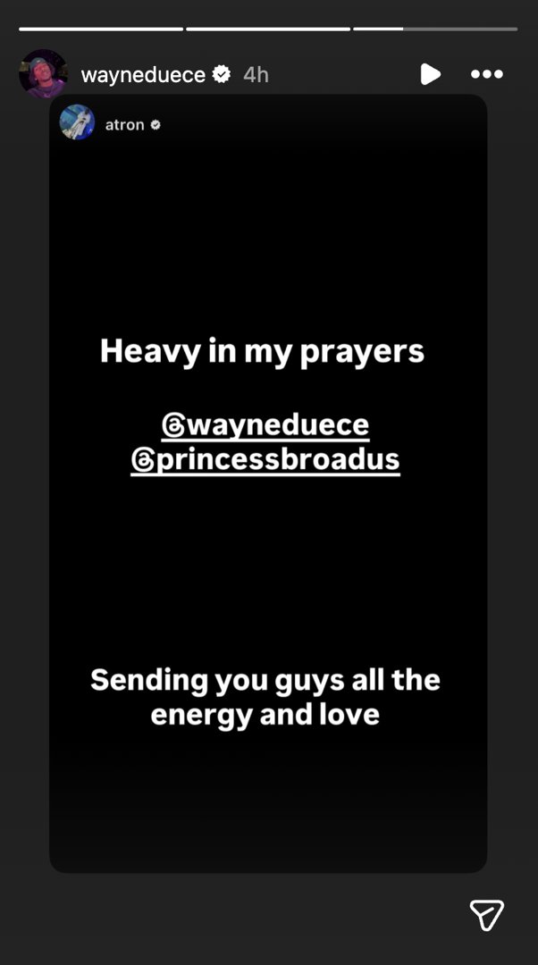 Wayne Deuce reshared a black screen with a message expressing support for Cori Broadus | Source: Instagram/wayneduece