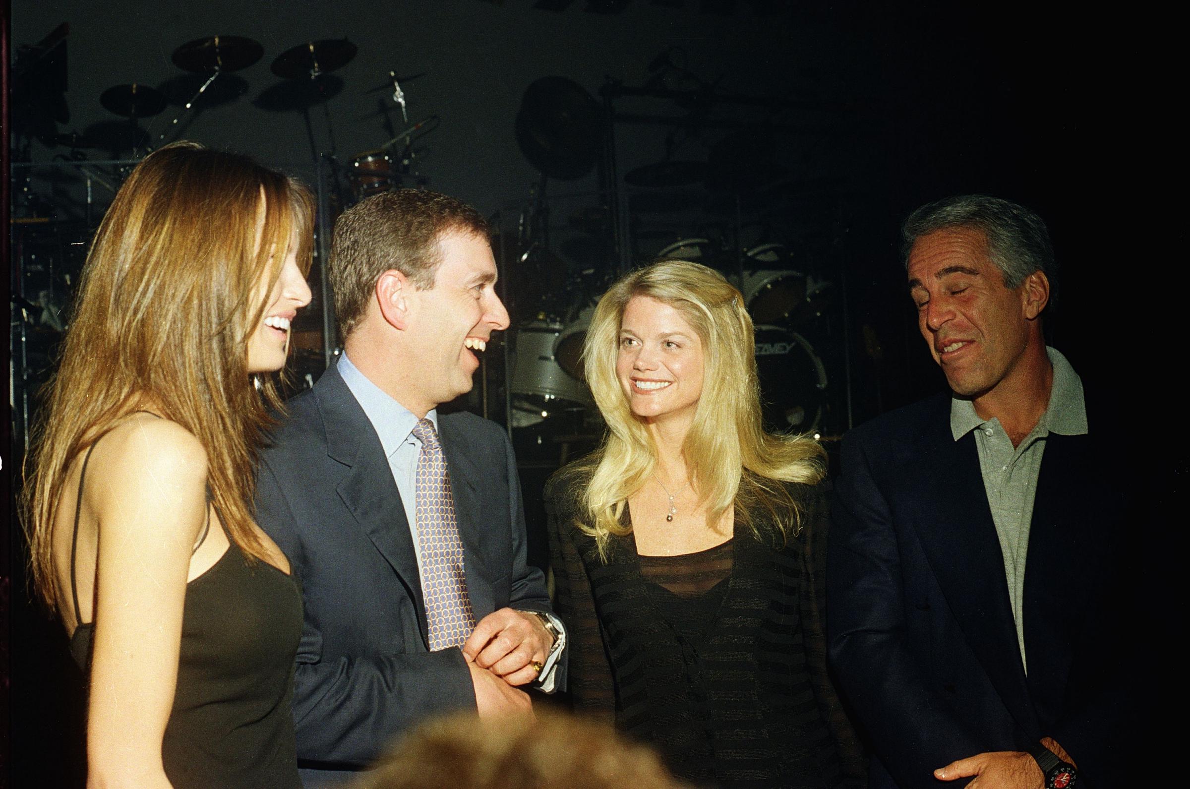 Melania Trump, Andrew Mountbatten-Windsor, Gwendolyn Beck, and Jeffrey Epstein at a party at the Mar-a-Lago club on February 12, 2000, in Palm Beach, Florida. | Source: Getty Images