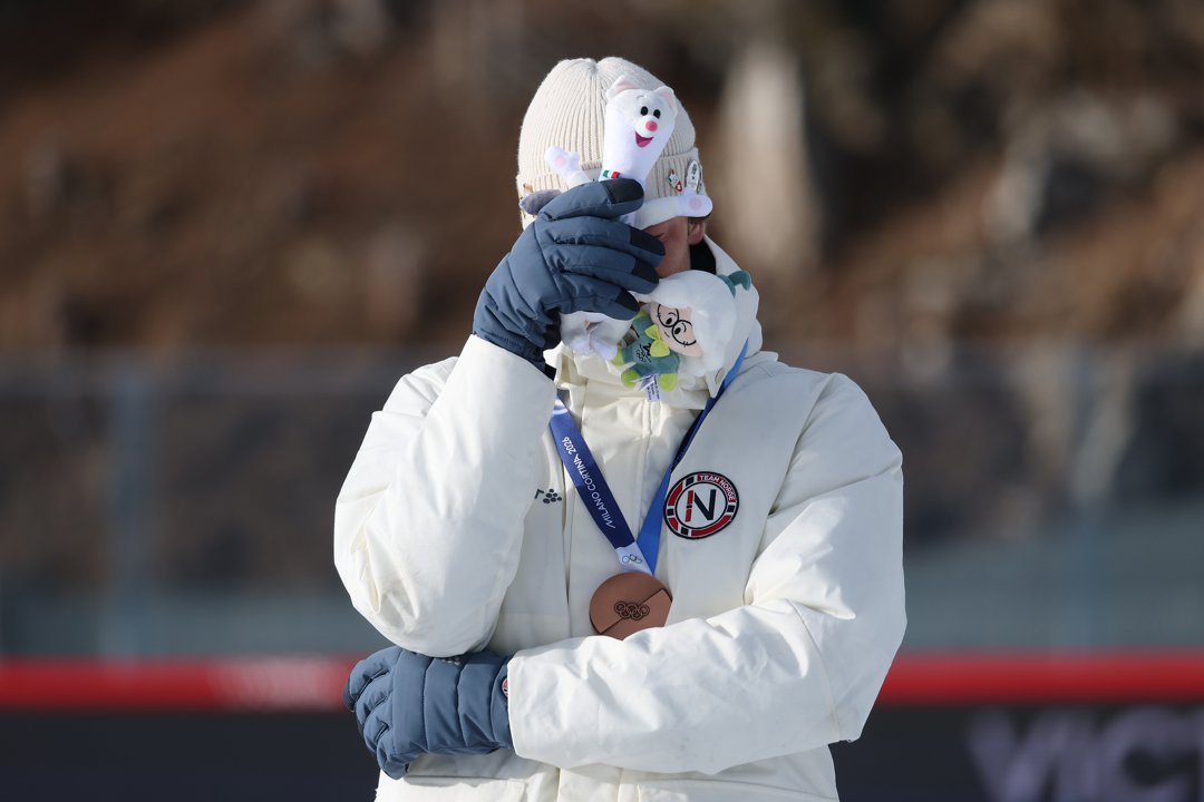 Sturla Holm L&aelig;greid during the medal ceremony for the Men 20km Individual on Day 4 of the Milano Cortina 2026 Winter Olympic Games on February 10 in Antholz-Anterselva, Italy. | Source: Getty Images