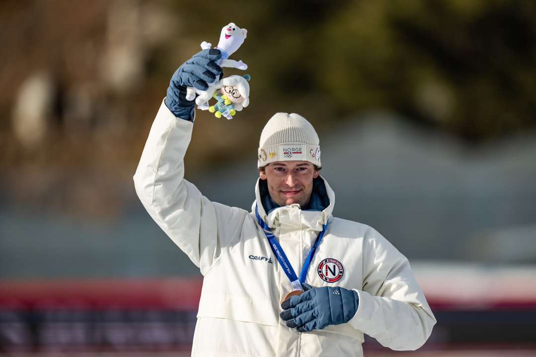 Bronze Medalist Sturla Holm L&aelig;greid reacts during the medal ceremony for the Men 20km Individual on Day 4 of the Milano Cortina 2026 Winter Olympic Games on February 10, 2026, in Antholz-Anterselva, Italy. | Source: Getty Images