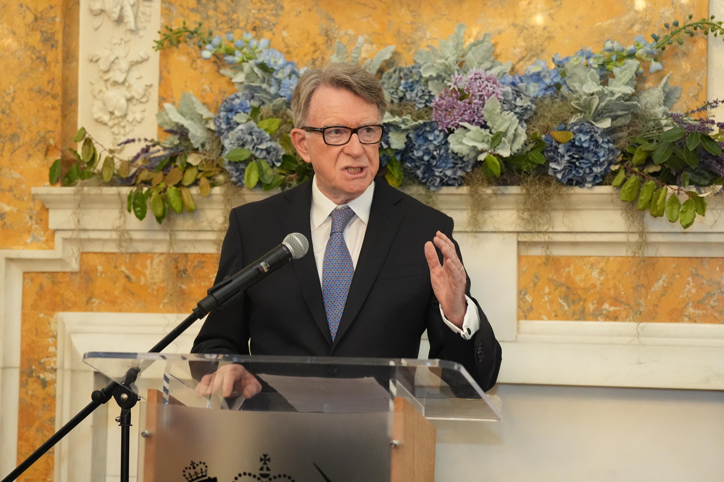 Lord Peter Mandelson speaking during the St Patrick's Day breakfast he hosted at the British Embassy in Washington D.C., United States, on March 14, 2025. | Source: Getty Images
