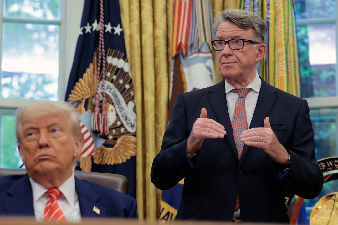 U.S. President Donald Trump alongside Lord Peter Mandelson in the Oval Office at the White House on May 8, 2025, in Washington, D.C., United States. | Source: Getty Images