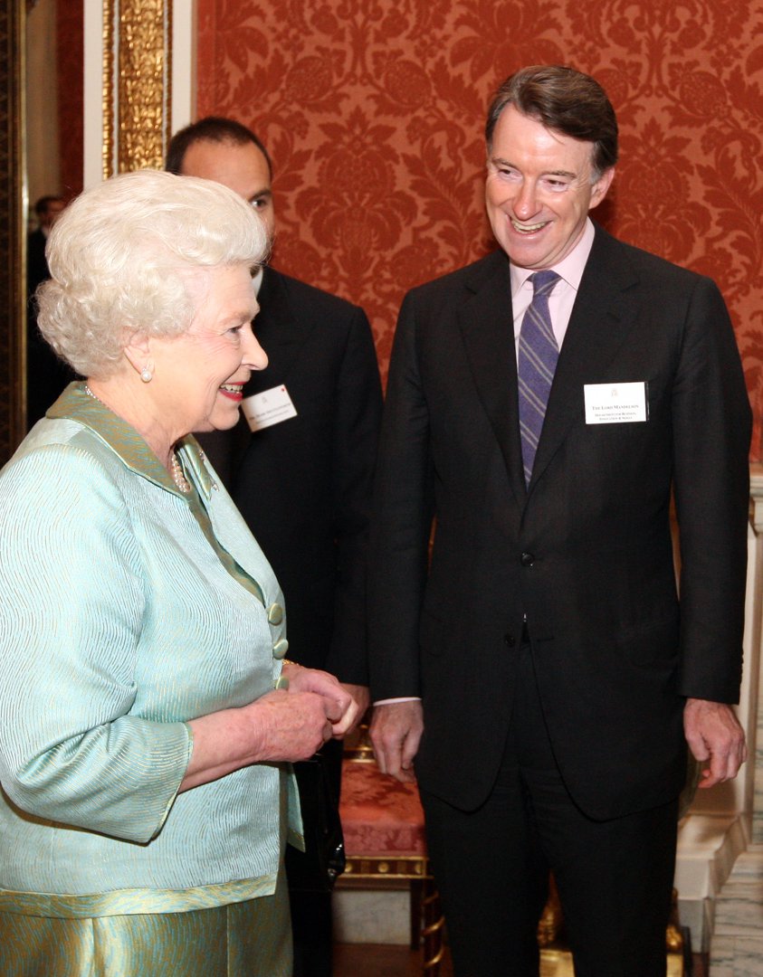 Queen Elizabeth II and Lord Peter Mandelson during a reception at Buckingham Palace on February 23, 2010, in London, England. | Source: Getty Images