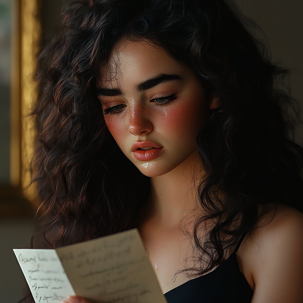 A teary-eyed woman reading a letter | Source: Midjourney