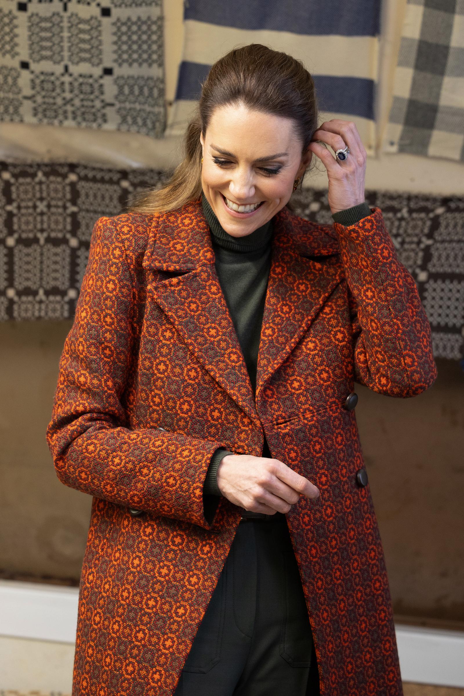 Catherine, Princess of Wales visits Melin Tregwynt, a woollen mill weaving traditional Welsh designs, on 3 February 2026 in Castlemorris, Wales. | Source: Getty Images